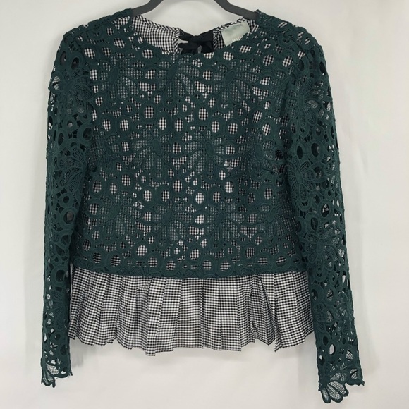 ANTHRO MAEVE Gabriella Gingham Crochet Lace Pleated Tie Back Top Blouse Bow Back - Picture 2 of 5
